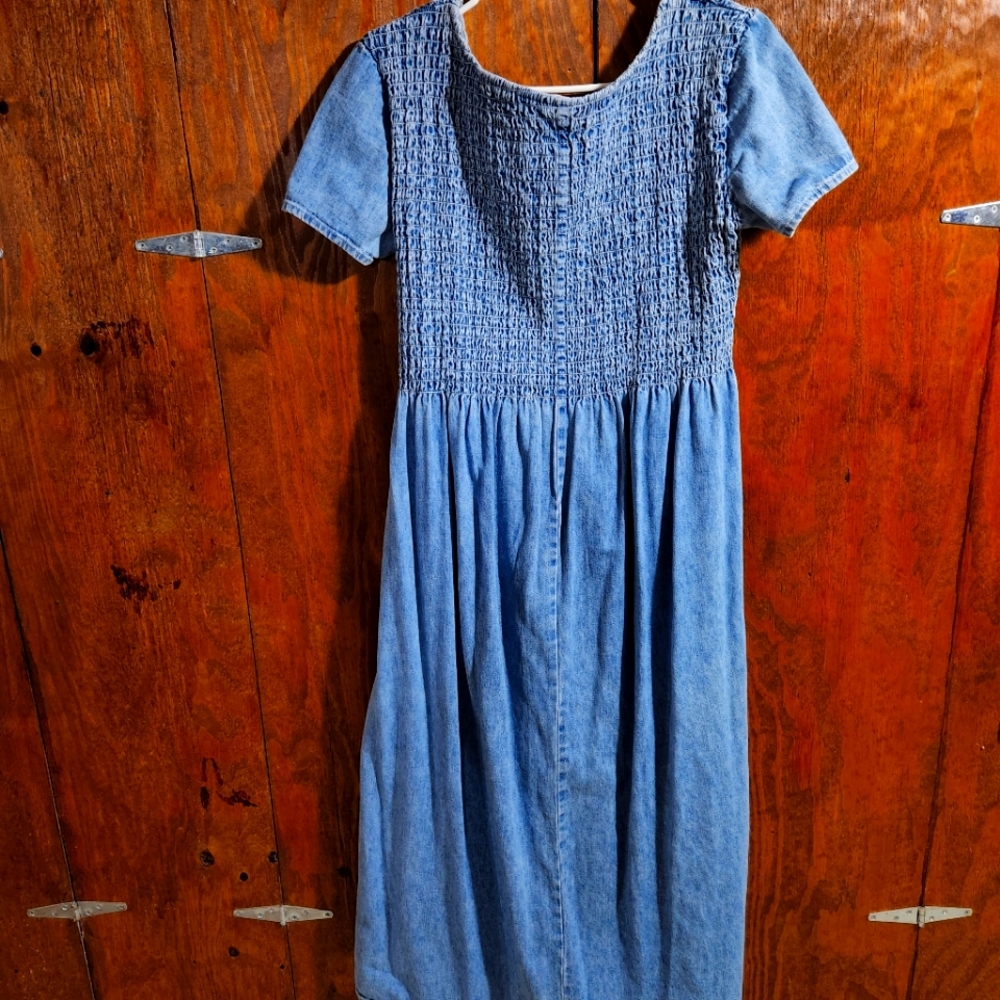 Denim shirred top midi dress